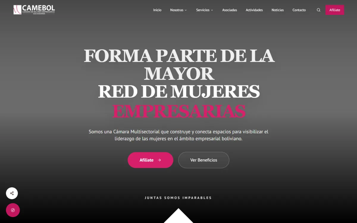 Portada de camebolcochabamba.com, con el titular «Forma parte de la mayor red de mujeres empresarias» y los botones para afiliarse.