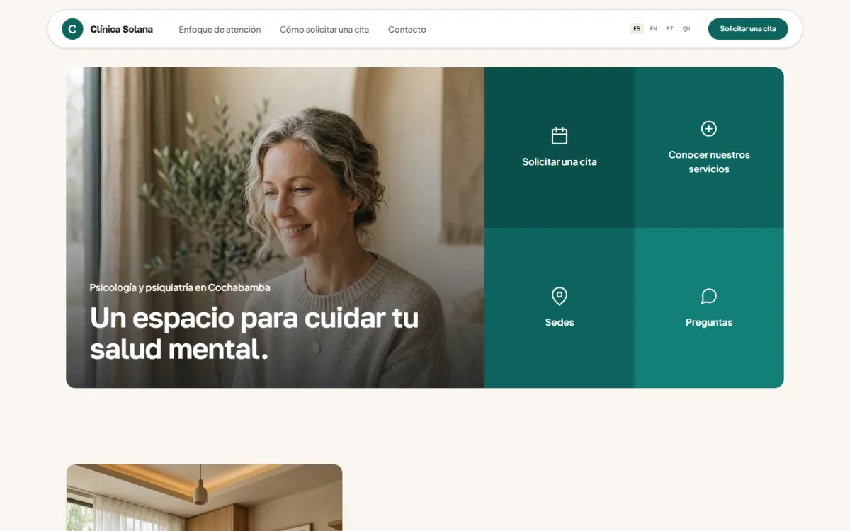 Portada de clinicasolana.com, con el titular «Un espacio para cuidar tu salud mental.» y los accesos para pedir una cita.