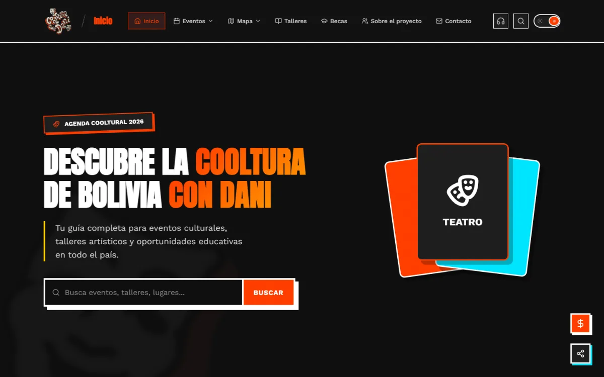 Portada de coolturacondani.com, con su titular sobre la agenda cultural y el buscador de eventos.