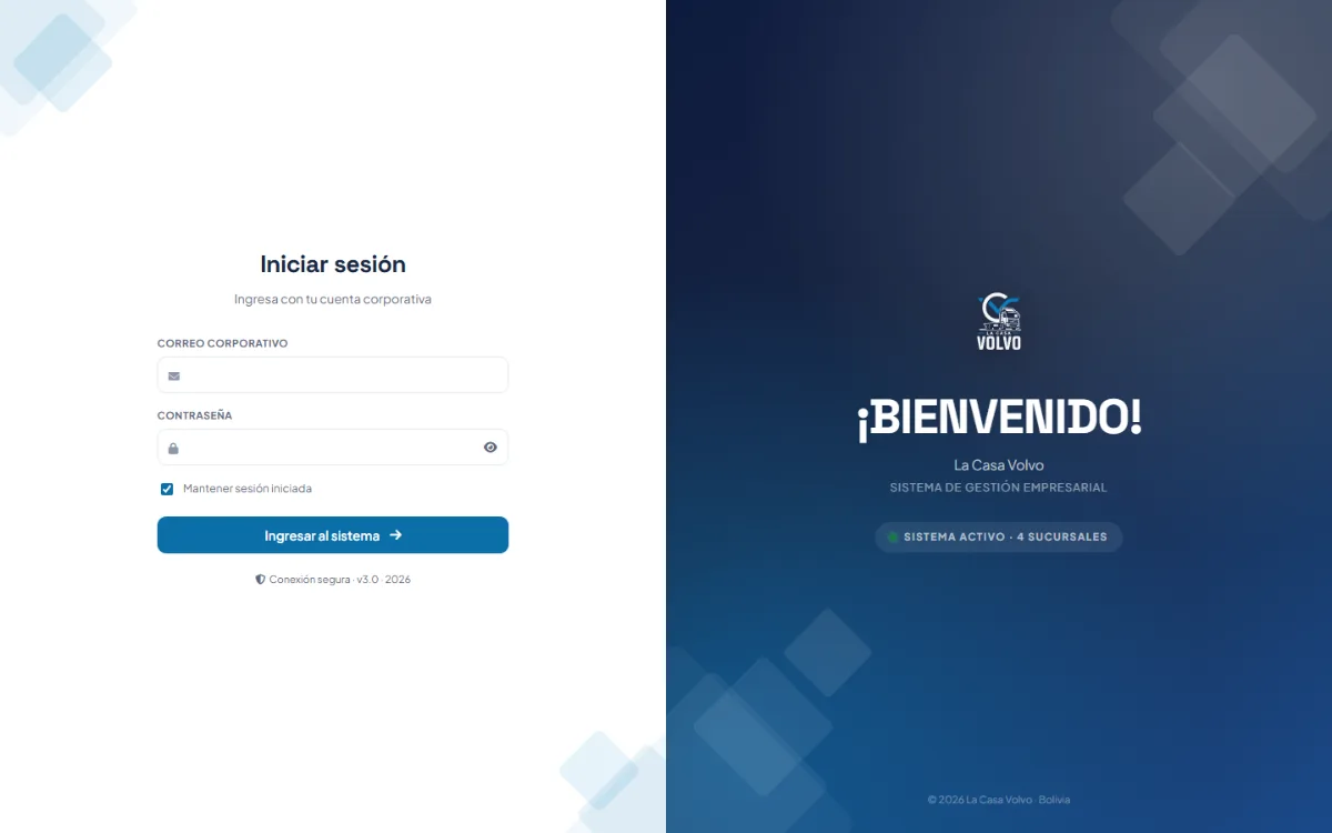 Pantalla de ingreso del sistema de gestión de La Casa Volvo, con su mensaje de bienvenida.