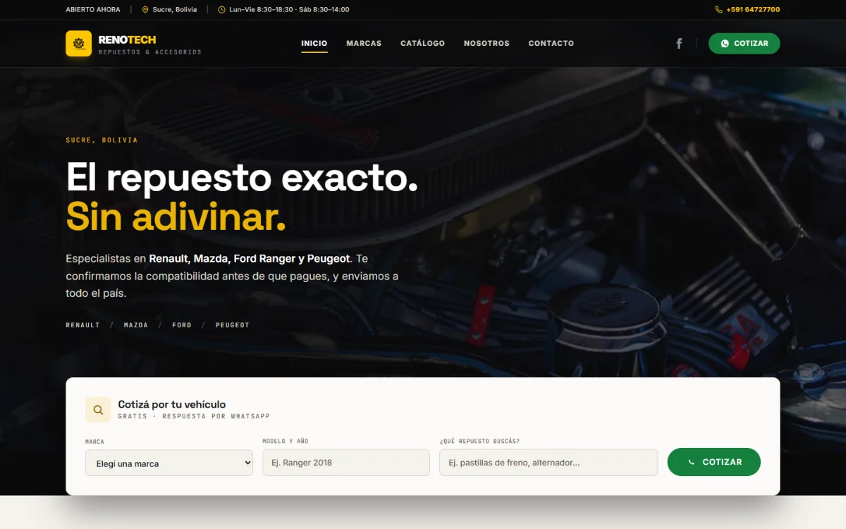 Portada de renotech.lat, con el titular «El repuesto exacto. Sin adivinar.» y el formulario para cotizar un repuesto.