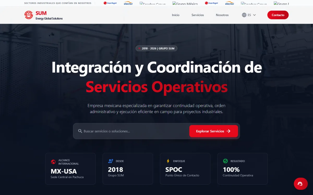 Portada de sumenergysolutions.com, con el titular «Integración y Coordinación de Servicios Operativos» y su buscador de servicios.