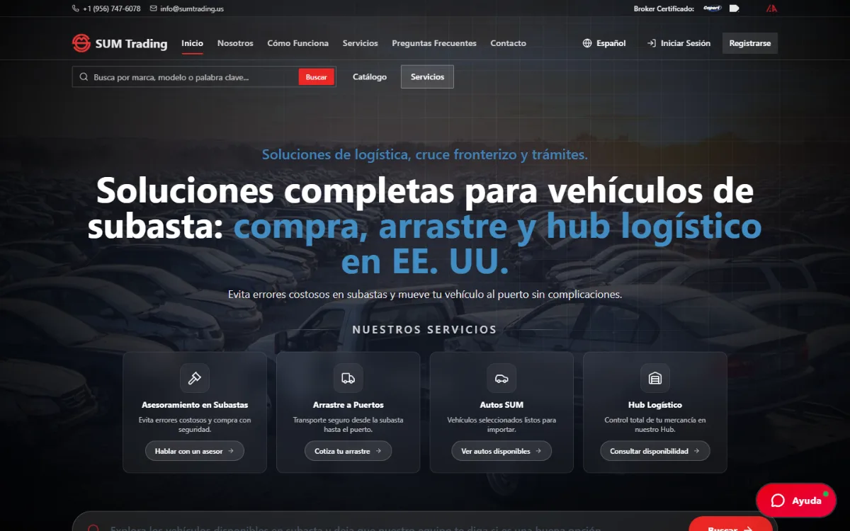 Portada de sumtrading.us, con el titular «Soluciones completas para vehículos de subasta» y las cuatro tarjetas de servicios.